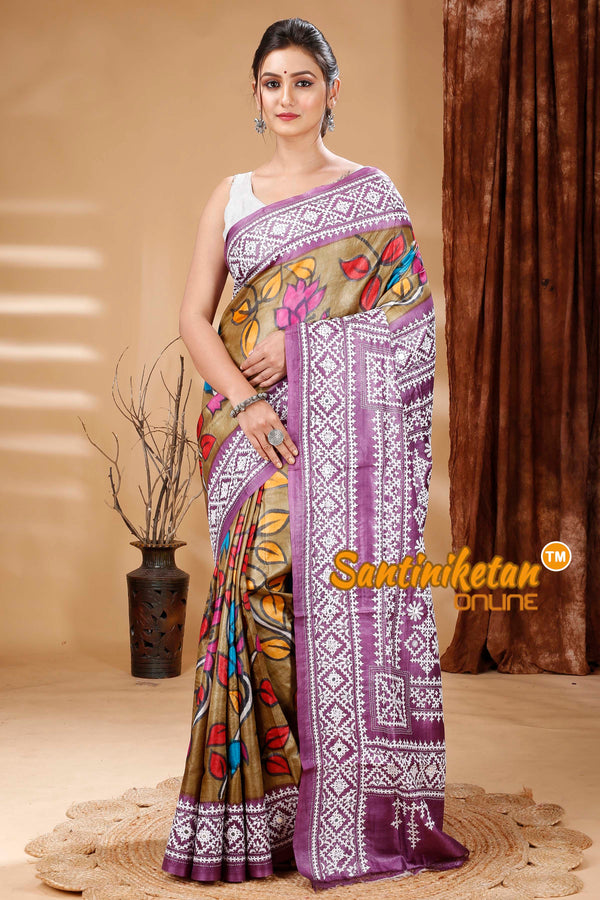 Pure Dye Tussar Silk Painting Gujarati Stitch Saree SN202314417