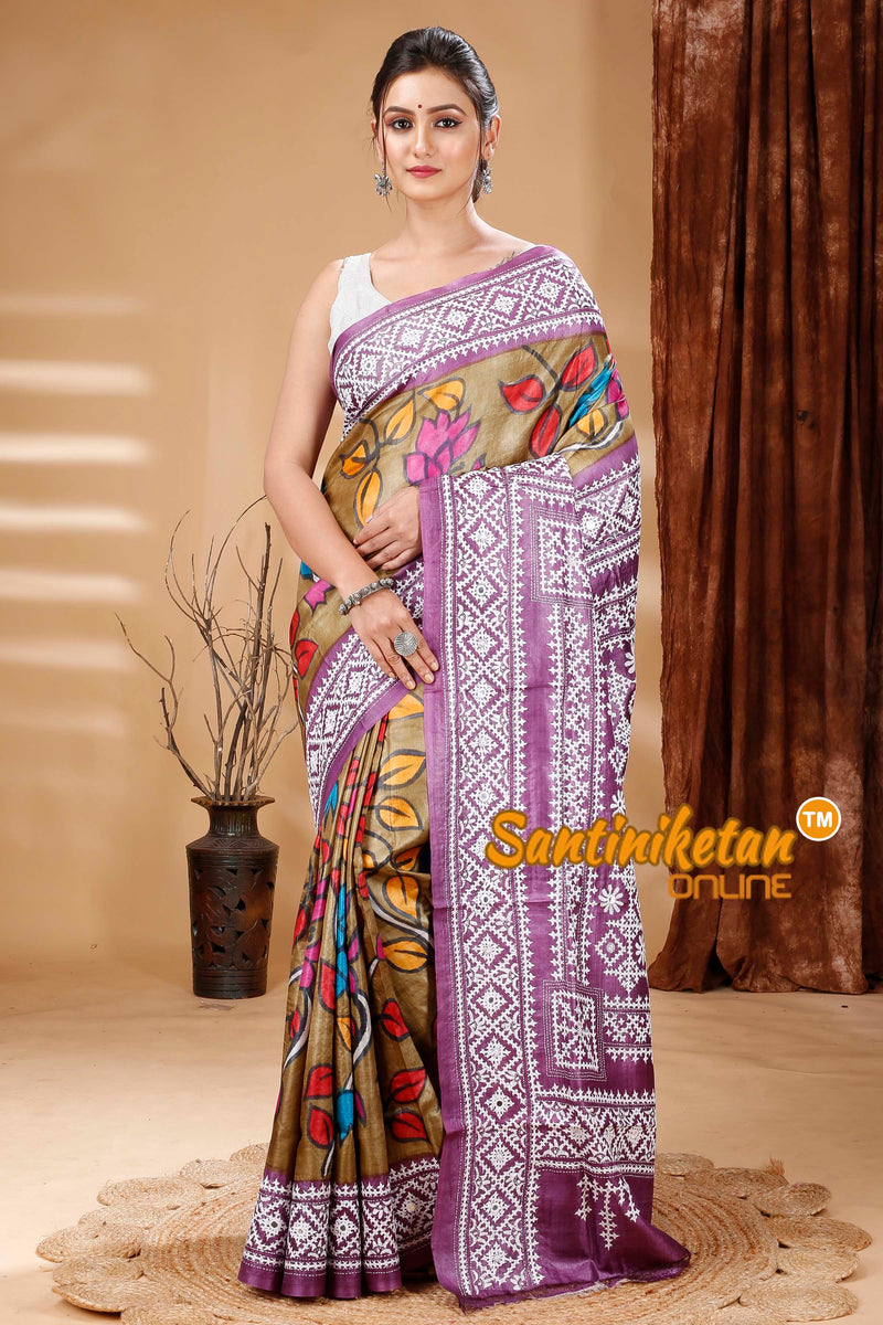 Pure Dye Tussar Silk Painting Gujarati Stitch Saree SN202314417