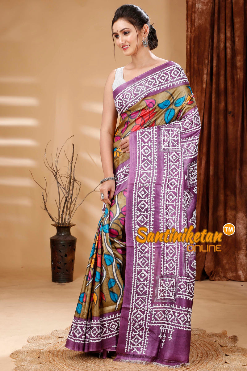 Pure Dye Tussar Silk Painting Gujarati Stitch Saree SN202314437