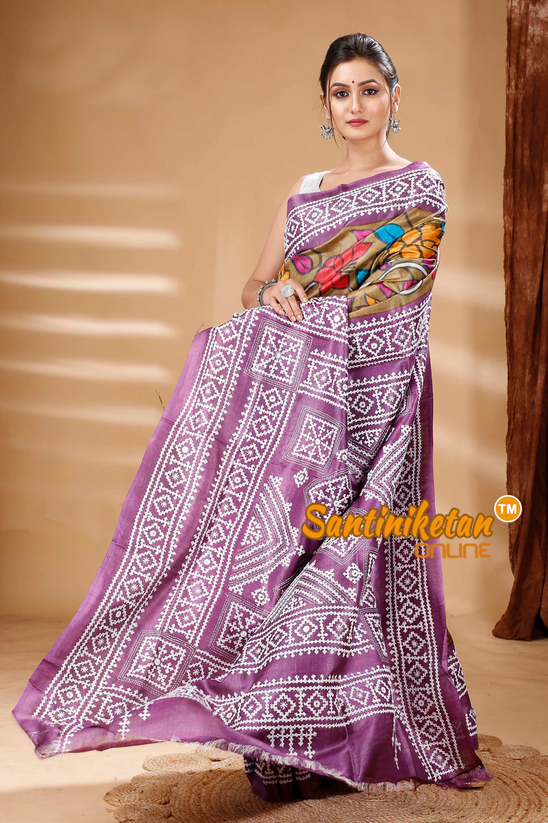 Pure Dye Tussar Silk Painting Gujarati Stitch Saree SN202314437