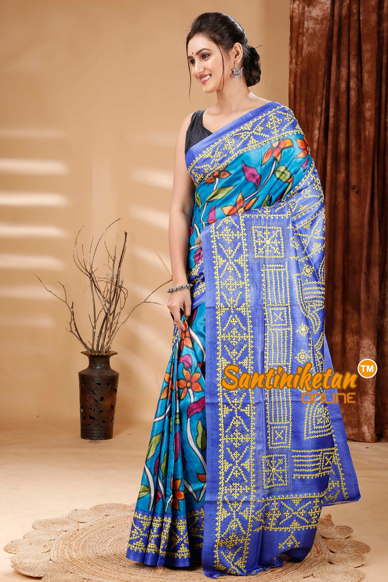 Pure Dye Tussar Silk Painting Gujarati Stitch Saree SN202314487