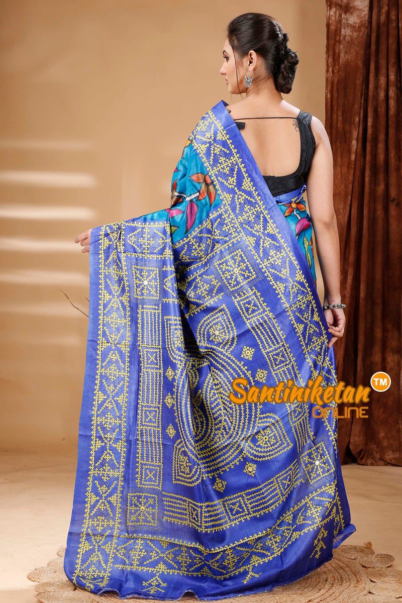 Pure Dye Tussar Silk Painting Gujarati Stitch Saree SN202314487