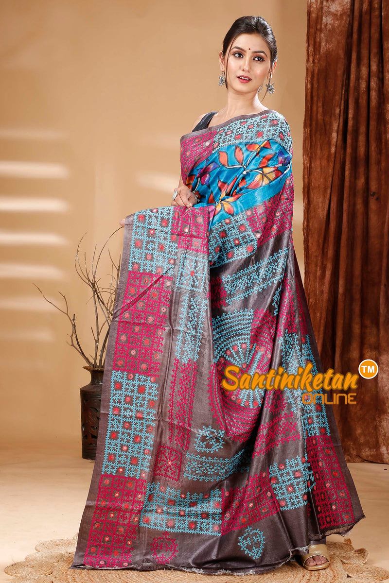 Pure Dye Tussar Silk Painting Gujarati Stitch Saree SN202314537