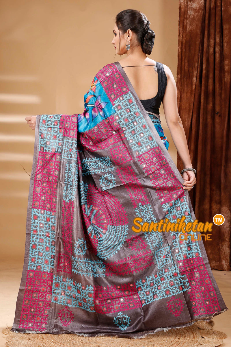 Pure Dye Tussar Silk Painting Gujarati Stitch Saree SN202314537