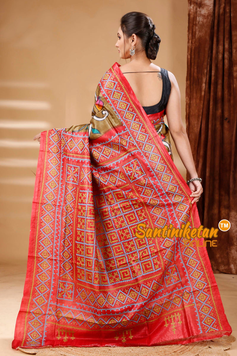 Pure Dye Tussar Silk Painting Gujarati Stitch Saree SN202314542