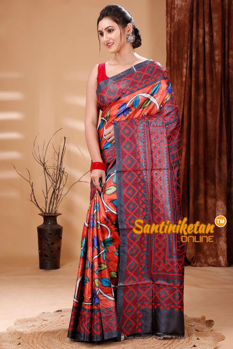 Pure Dye Tussar Silk Painting Gujarati Stitch Saree SN202314663