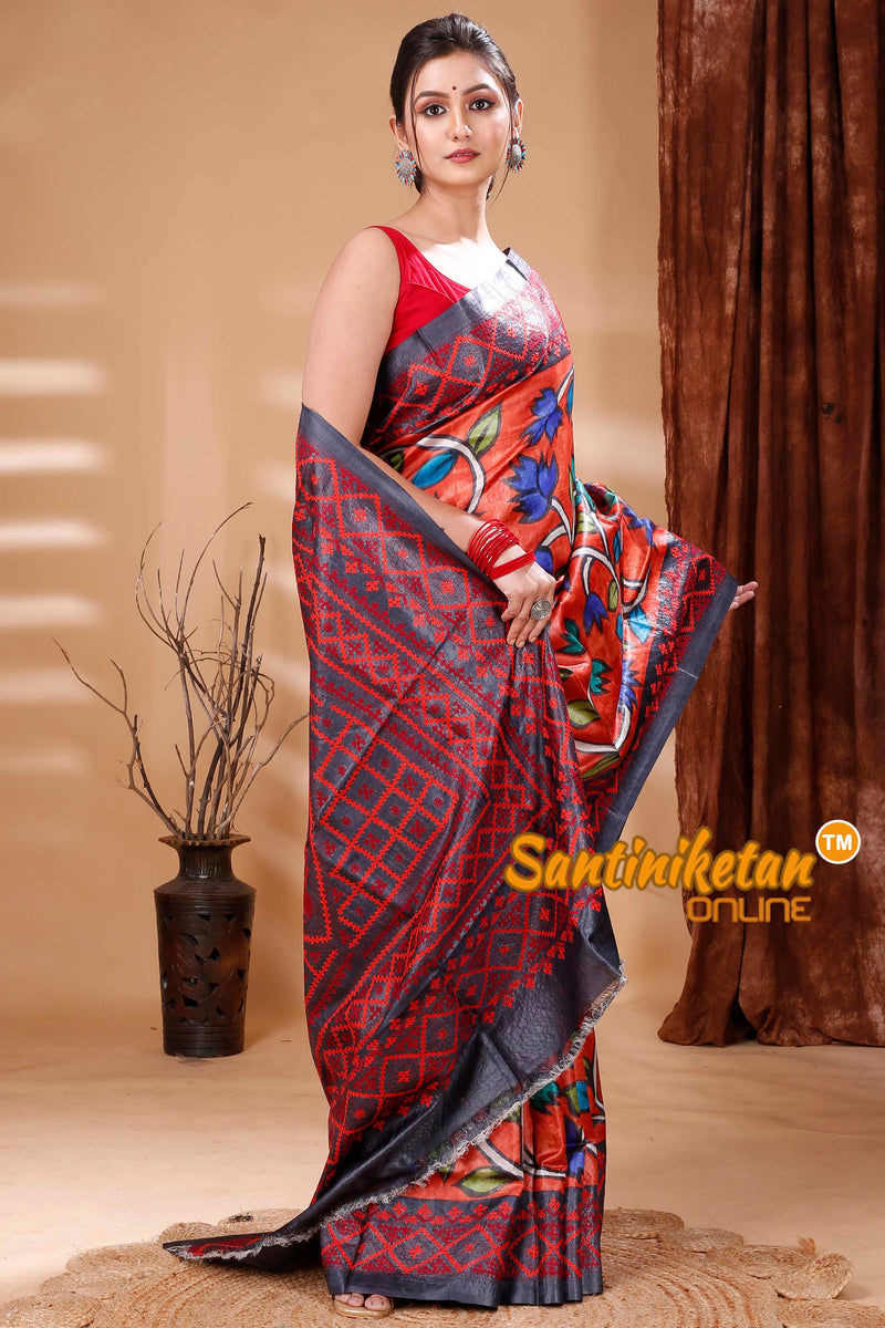 Pure Dye Tussar Silk Painting Gujarati Stitch Saree SN202314663