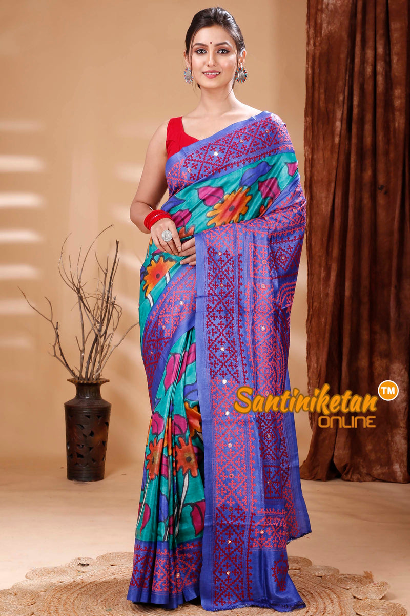Pure Dye Tussar Silk Painting Gujarati Stitch Saree SN202314695