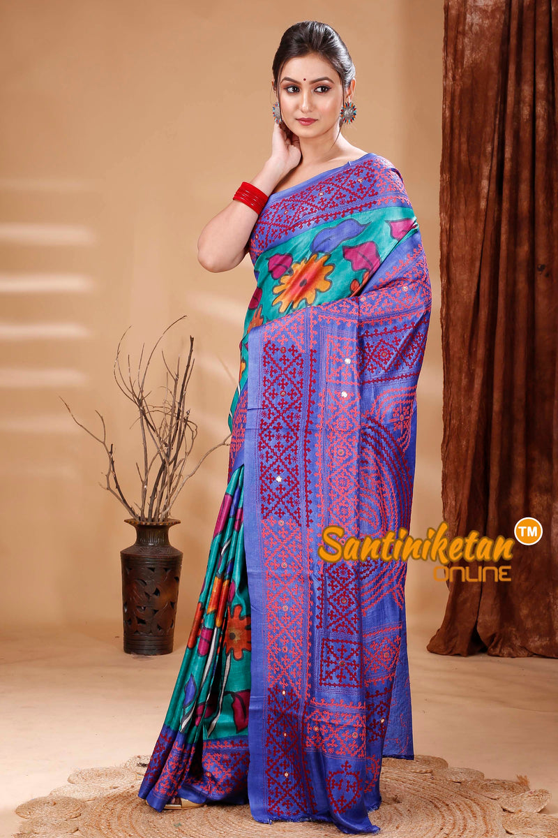 Pure Dye Tussar Silk Painting Gujarati Stitch Saree SN202314695