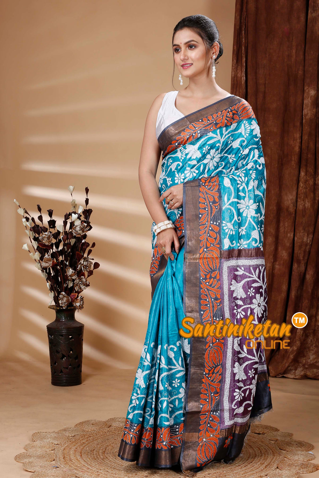 Zari Border Pure Tussar Silk Kantha Stitch Saree SN202314973