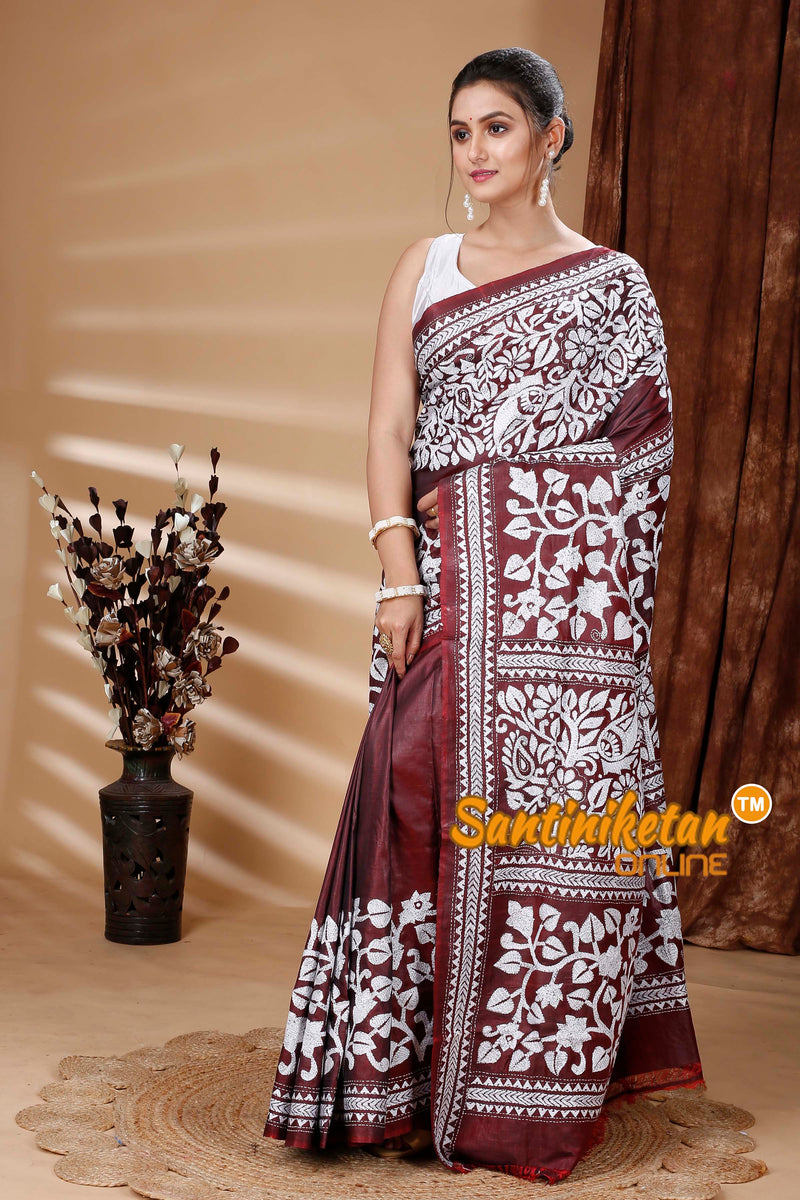 Bishnupuri (Katan) Silk Kantha Stitch Saree SN202314994
