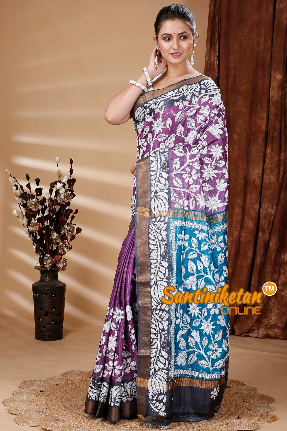 Zari Border Pure Tussar Silk Kantha Stitch Saree SN202315074