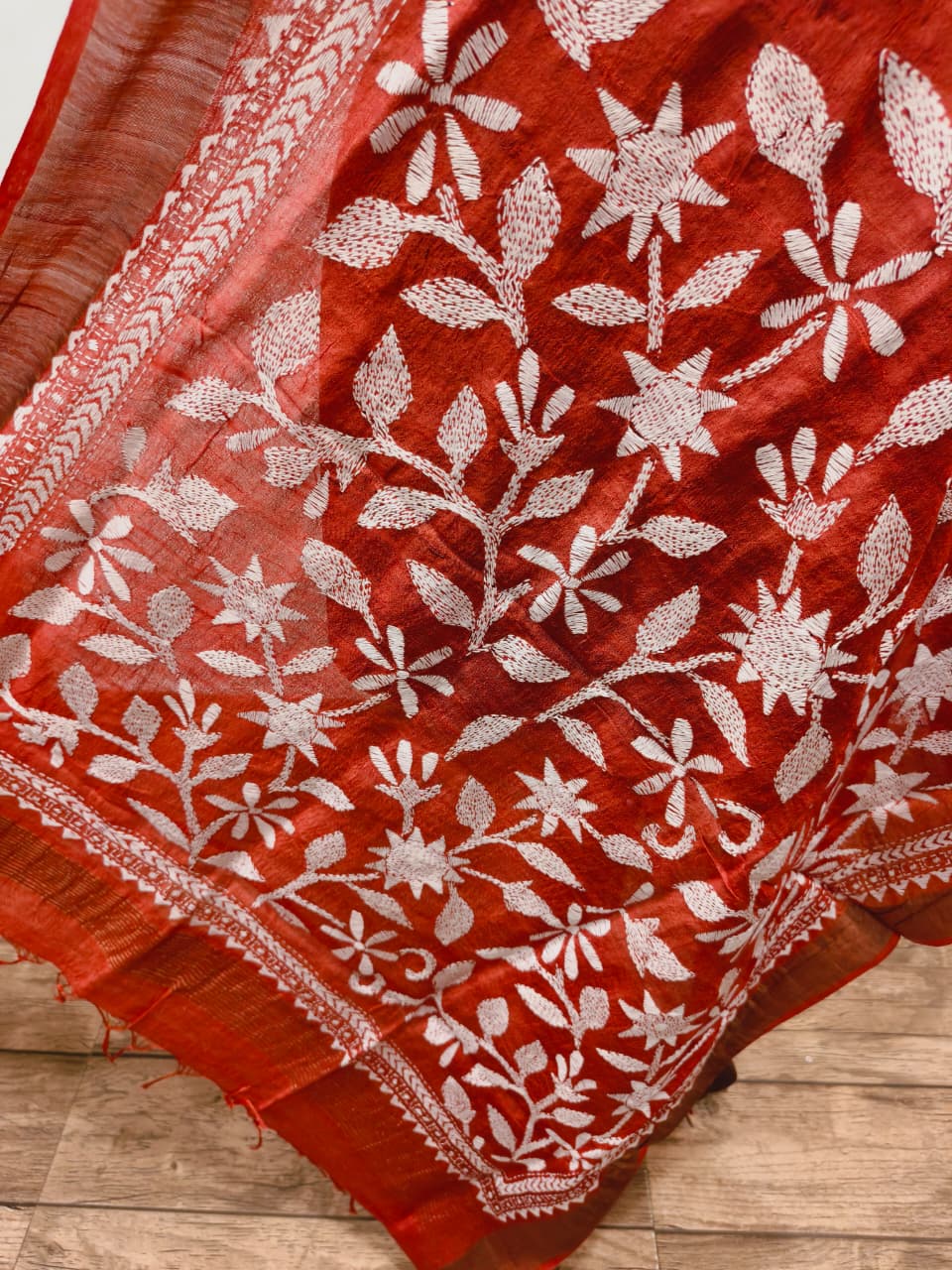 Zari Border Pure Tussar Kantha Stitch Dupatta SN26KD23