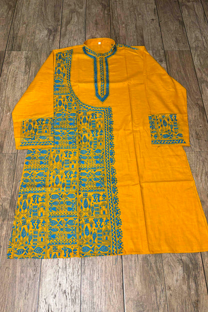 Yellow Pure Cotton with Kantha Work (Hand Embroidery) Panjabi
