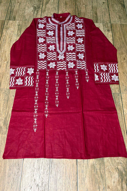 Maroon Pure Cotton with Kantha Work (Hand Embroidery) Panjabi
