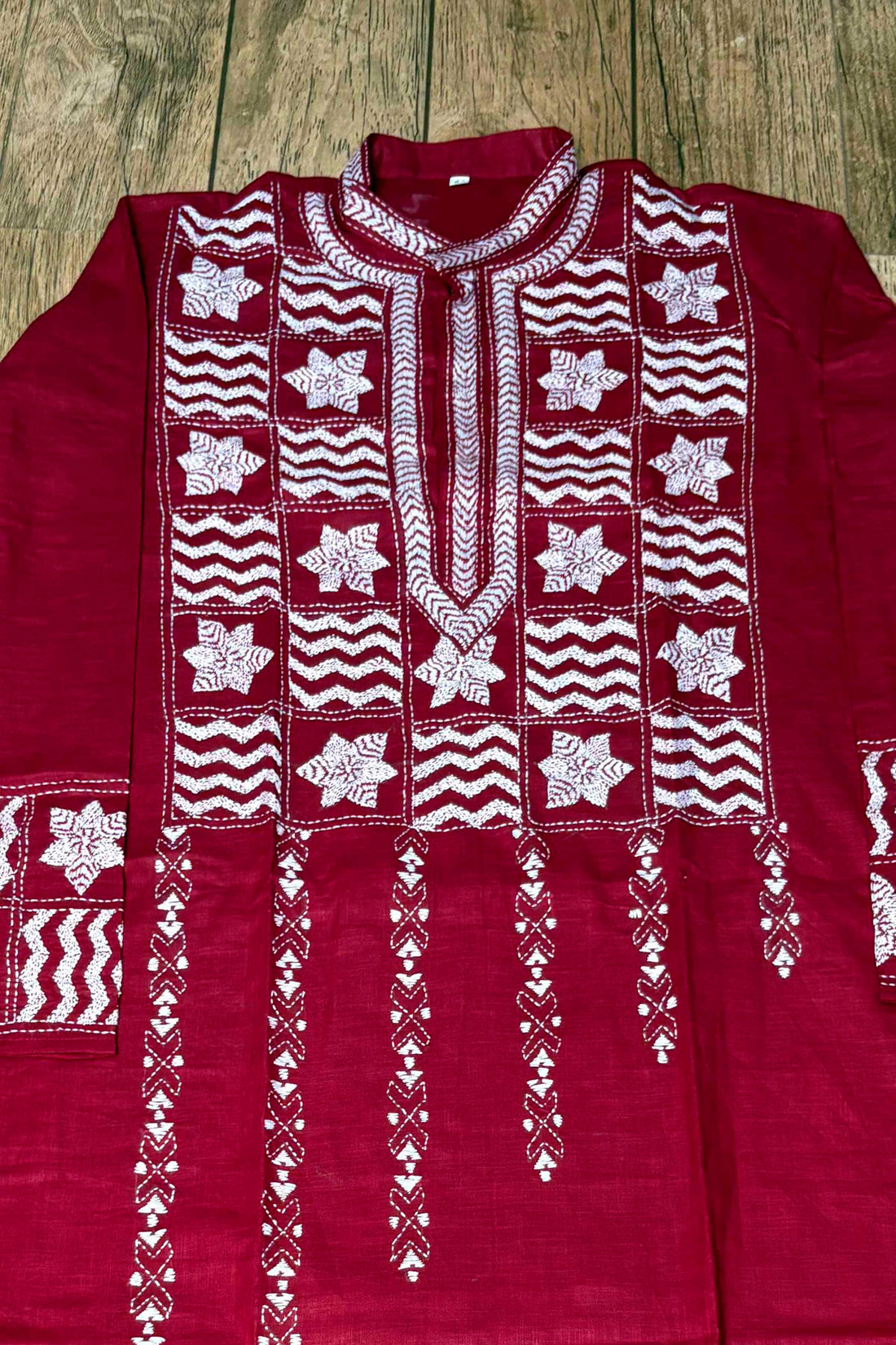 Maroon Pure Cotton with Kantha Work (Hand Embroidery) Panjabi