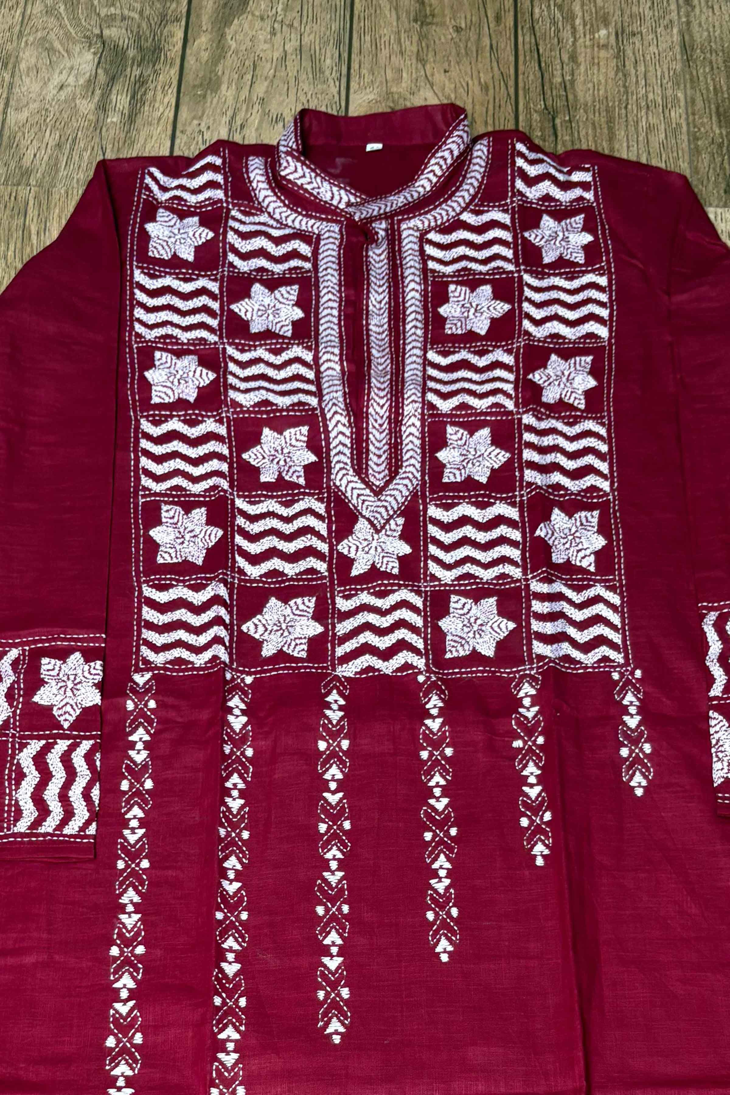 Maroon Pure Cotton with Kantha Work (Hand Embroidery) Panjabi