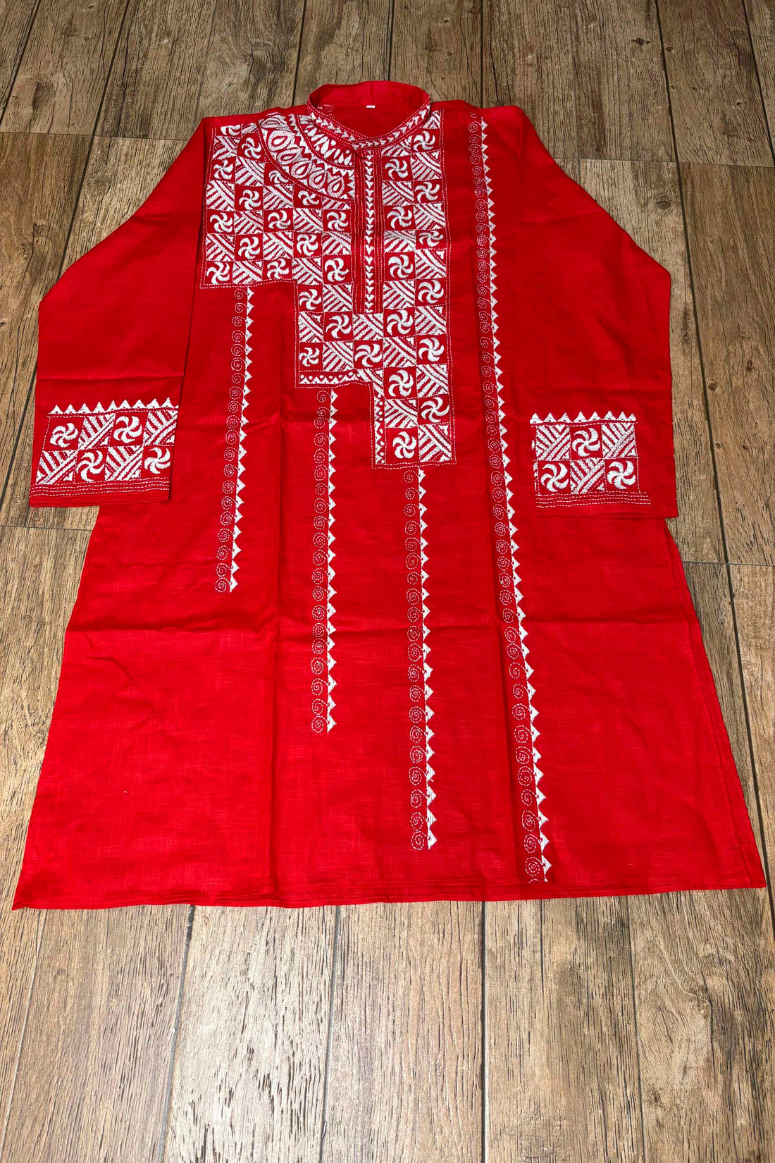 Red Pure Cotton with Kantha Work (Hand Embroidery) Panjabi