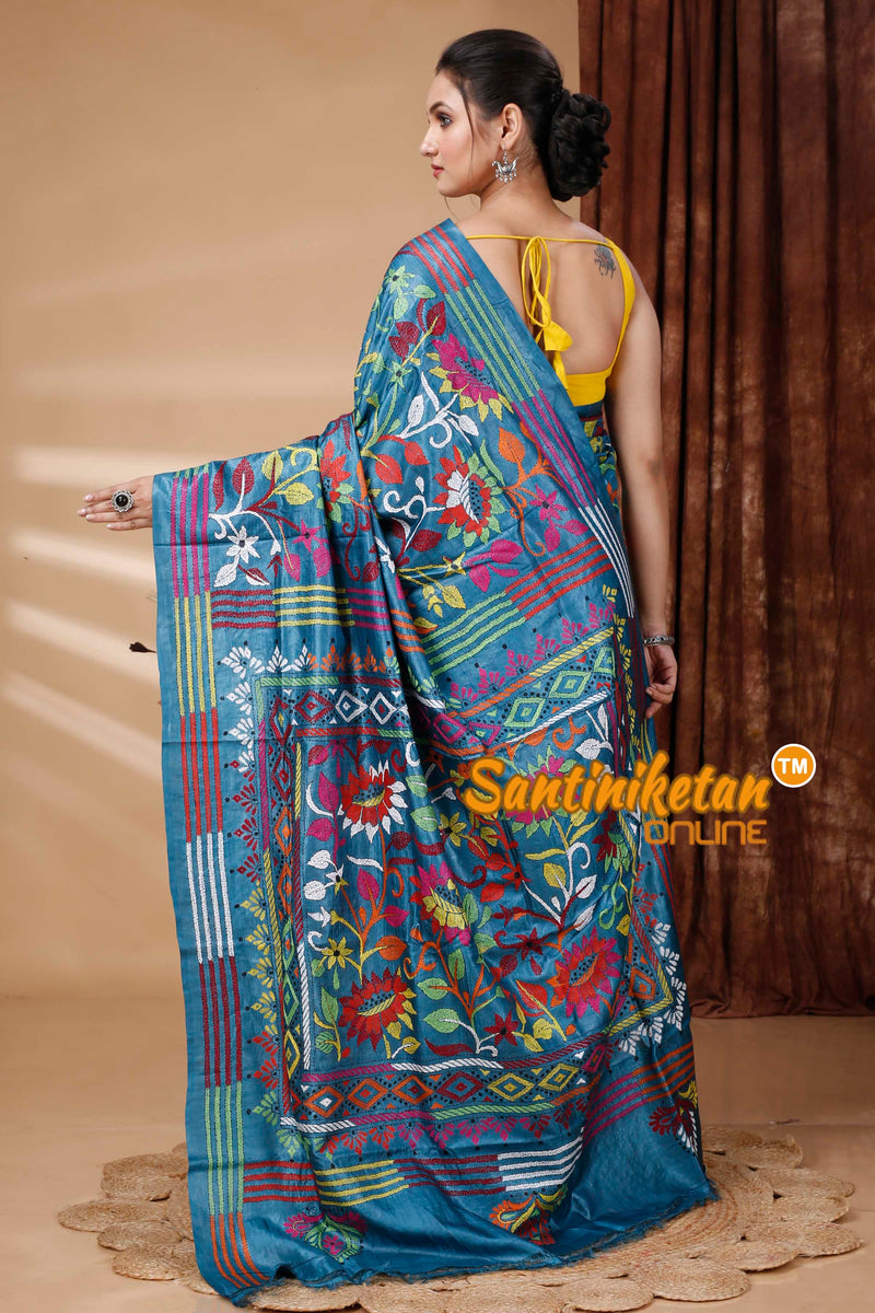 Pure Dye Tussar Silk Kantha Stitch Saree SN202415332