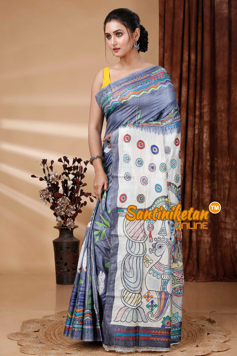 Pure Dye Tussar Silk Kantha Stitch Saree SN202415337