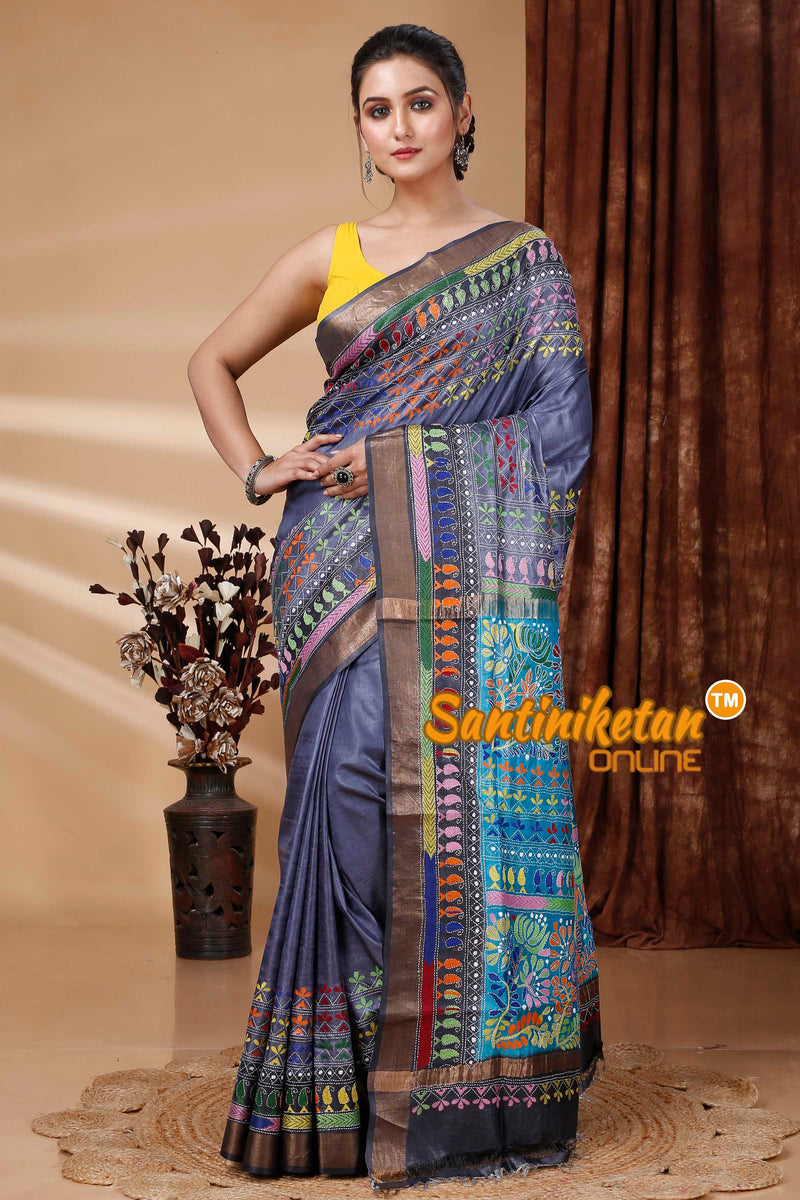 Zari Border Pure Tussar Silk Kantha Stitch Saree SN202415357