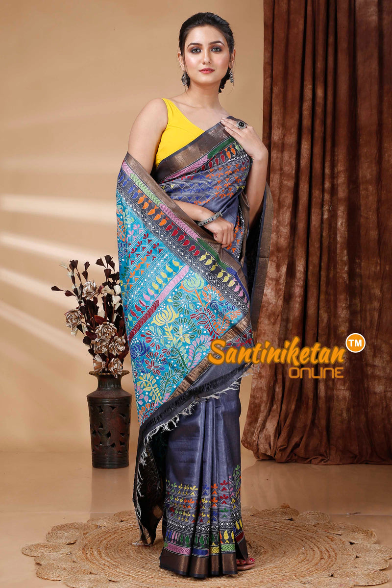 Zari Border Pure Tussar Silk Kantha Stitch Saree SN202415357