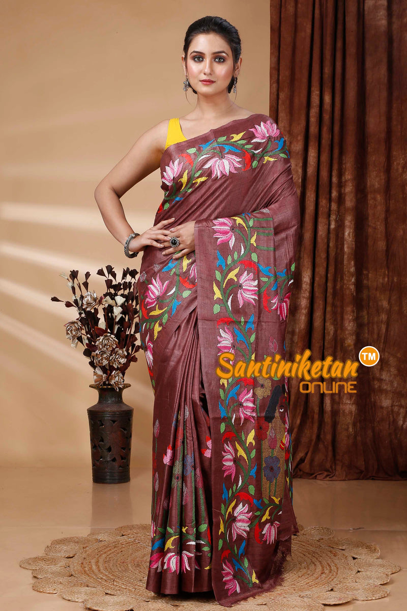 Pure Dye Ketiya Tussar Silk Kantha Stitch Saree SN202415362