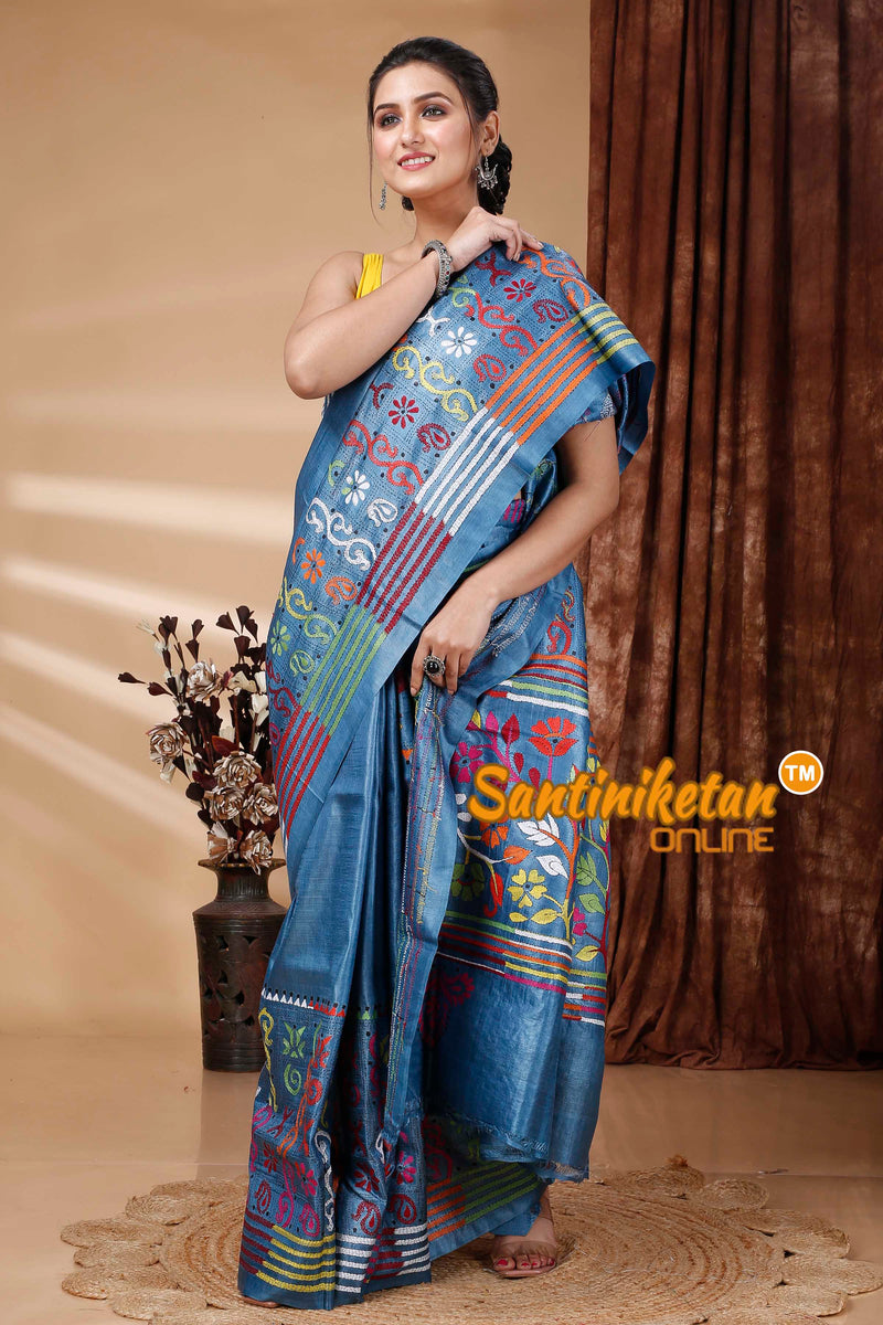 Pure Dye Tussar Silk Kantha Stitch Saree SN202415412