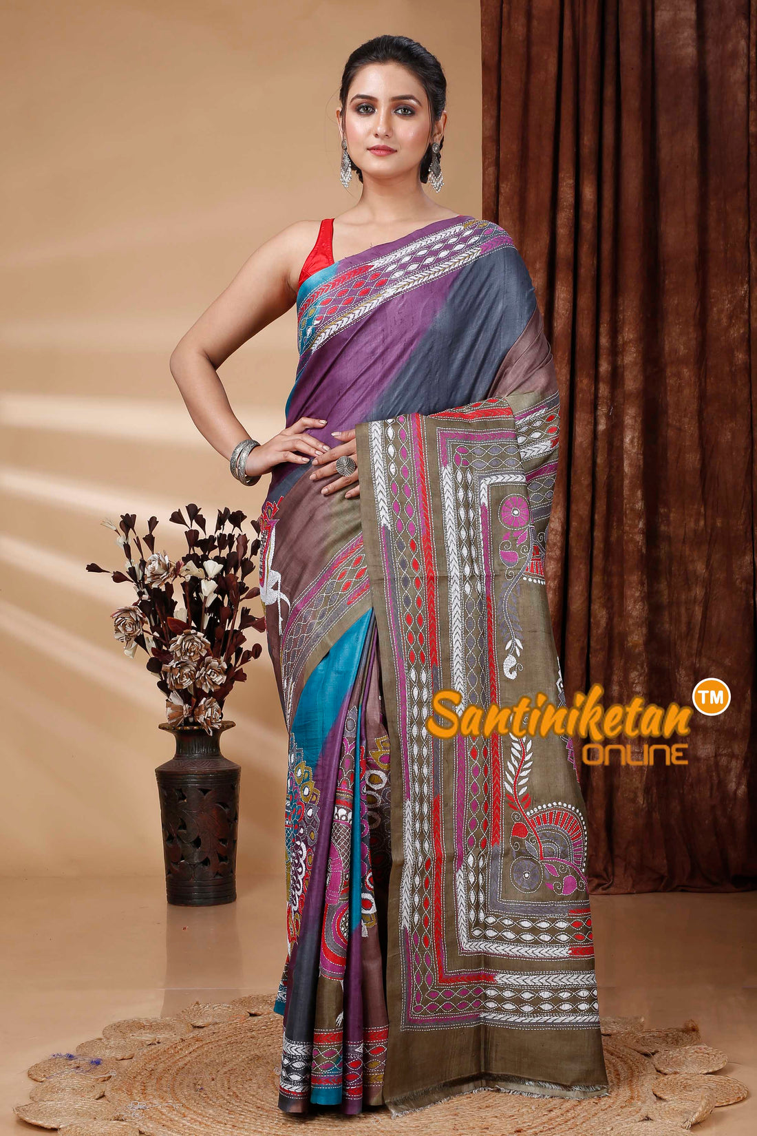 Pure Dye Gachi Tussar Silk Kantha Stitch Saree SN202415432