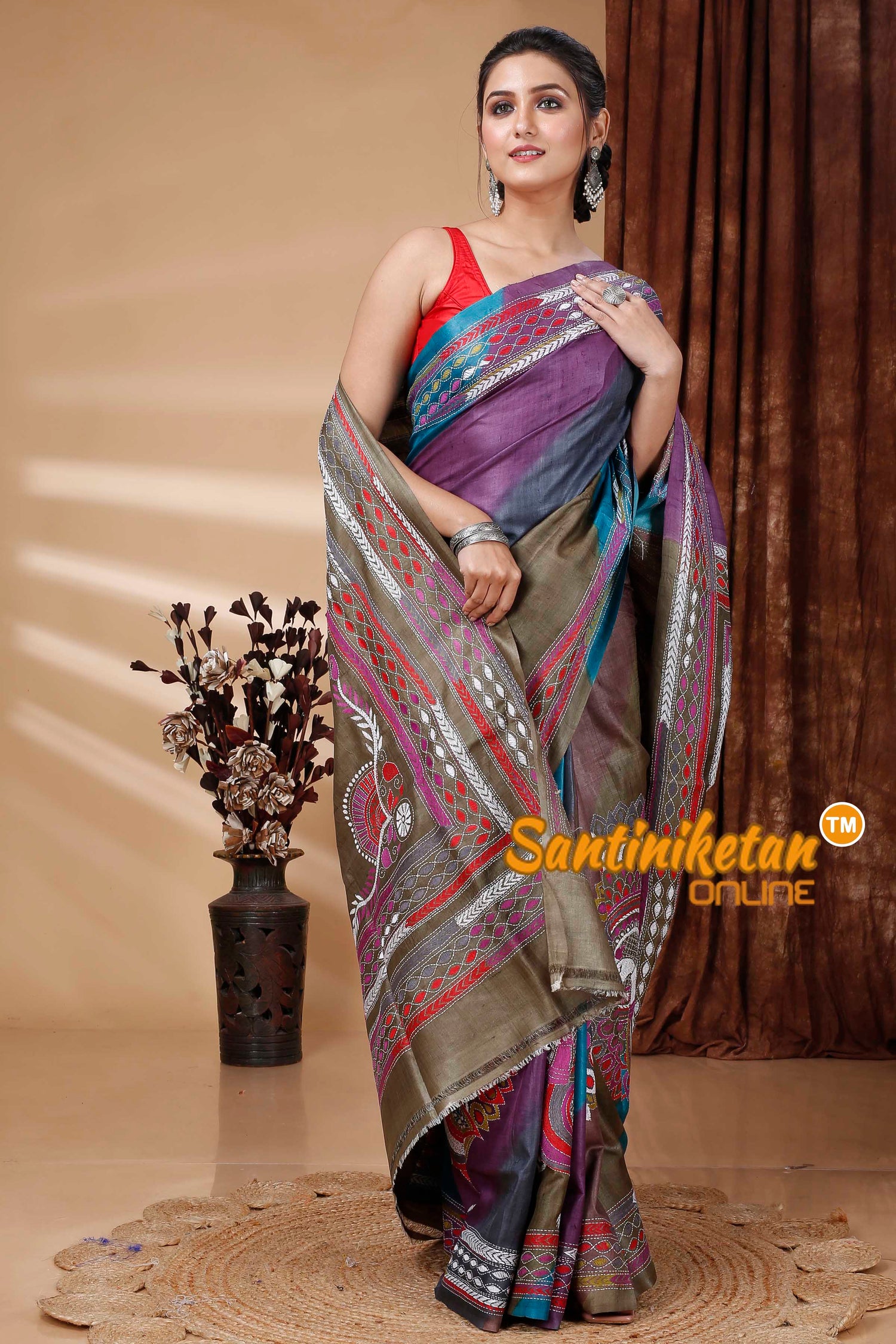 Pure Dye Gachi Tussar Silk Kantha Stitch Saree SN202415432