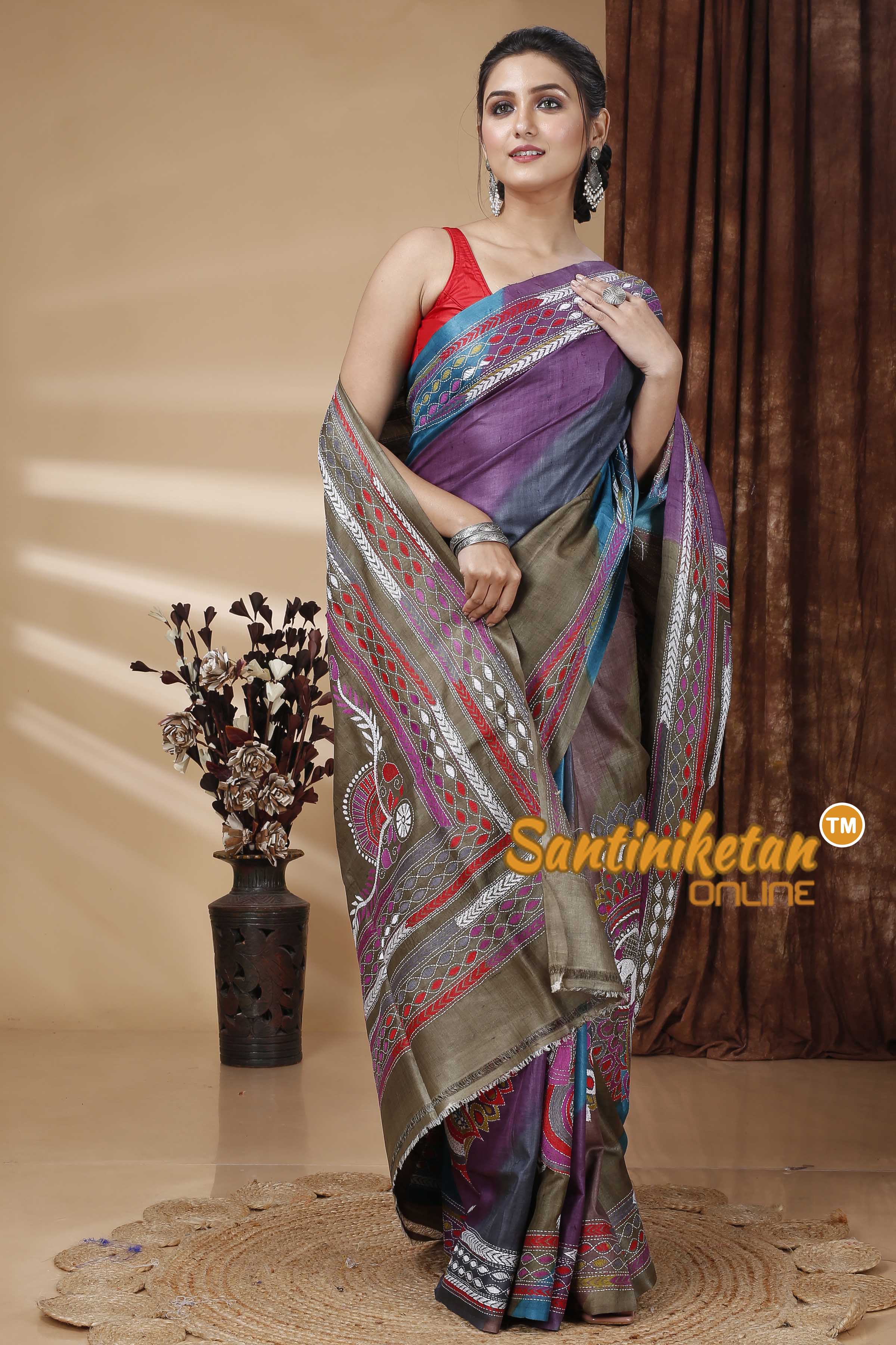 Pure Dye Gachi Tussar Silk Kantha Stitch Saree SN202415432