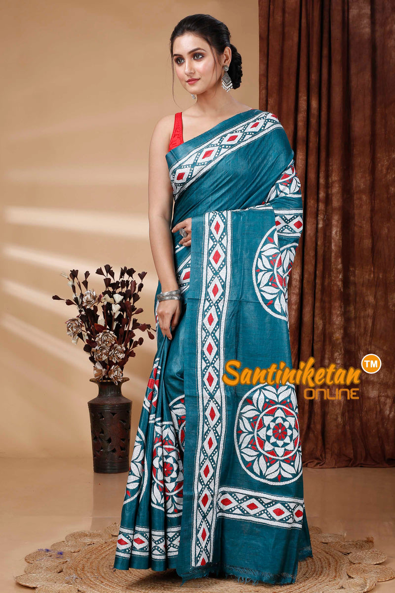 Pure Dye Ketiya Tussar Silk Kantha Stitch Saree SN202415437