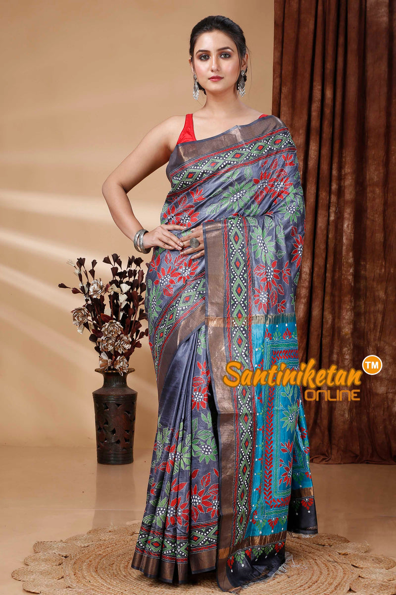 Zari Border Pure Tussar Silk Kantha Stitch Saree SN202415544