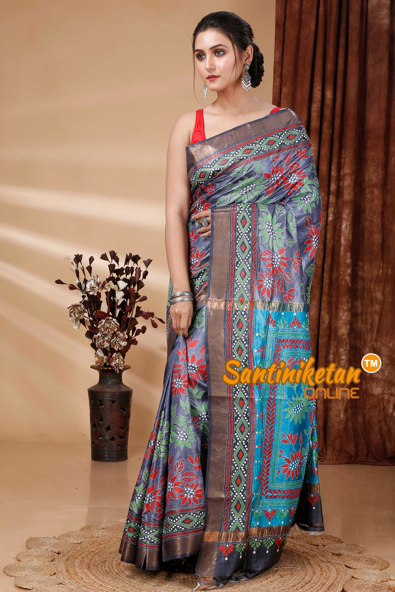 Zari Border Pure Tussar Silk Kantha Stitch Saree SN202415544