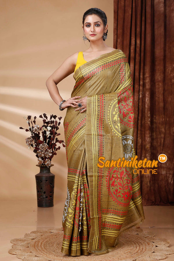 Pure Dye Ketiya Tussar Silk Kantha Stitch Saree SN202415554