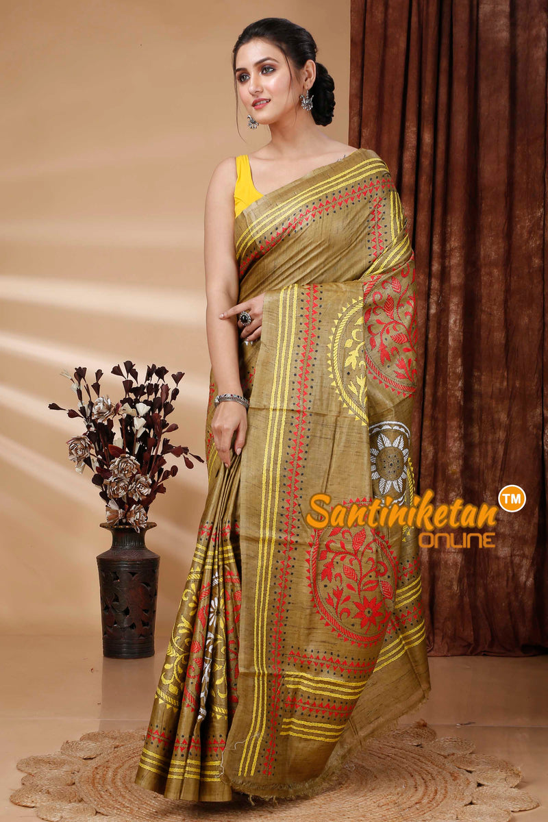 Pure Dye Ketiya Tussar Silk Kantha Stitch Saree SN202415554
