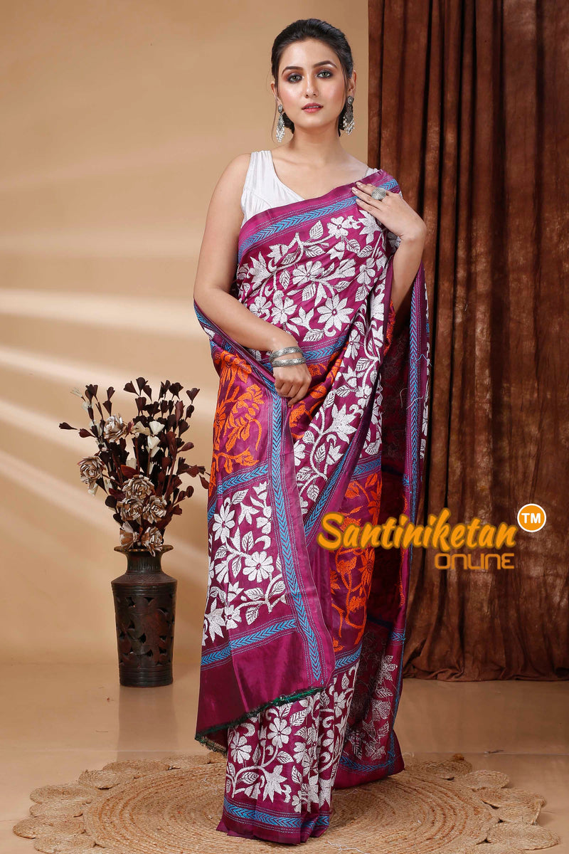 Bishnupuri (Katan) Silk Kantha Stitch Saree SN202415579