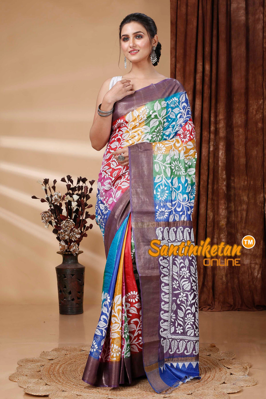 Zari Border Pure Tussar Silk Kantha Stitch Saree SN202415590
