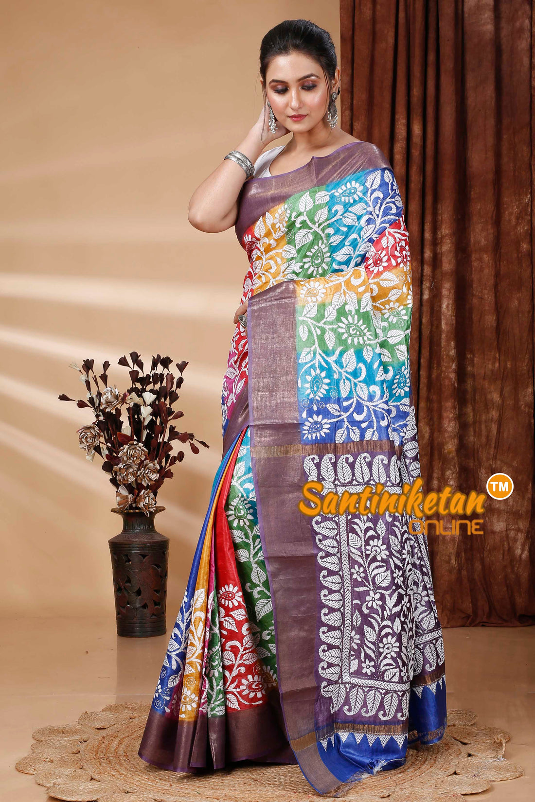 Zari Border Pure Tussar Silk Kantha Stitch Saree SN202415590