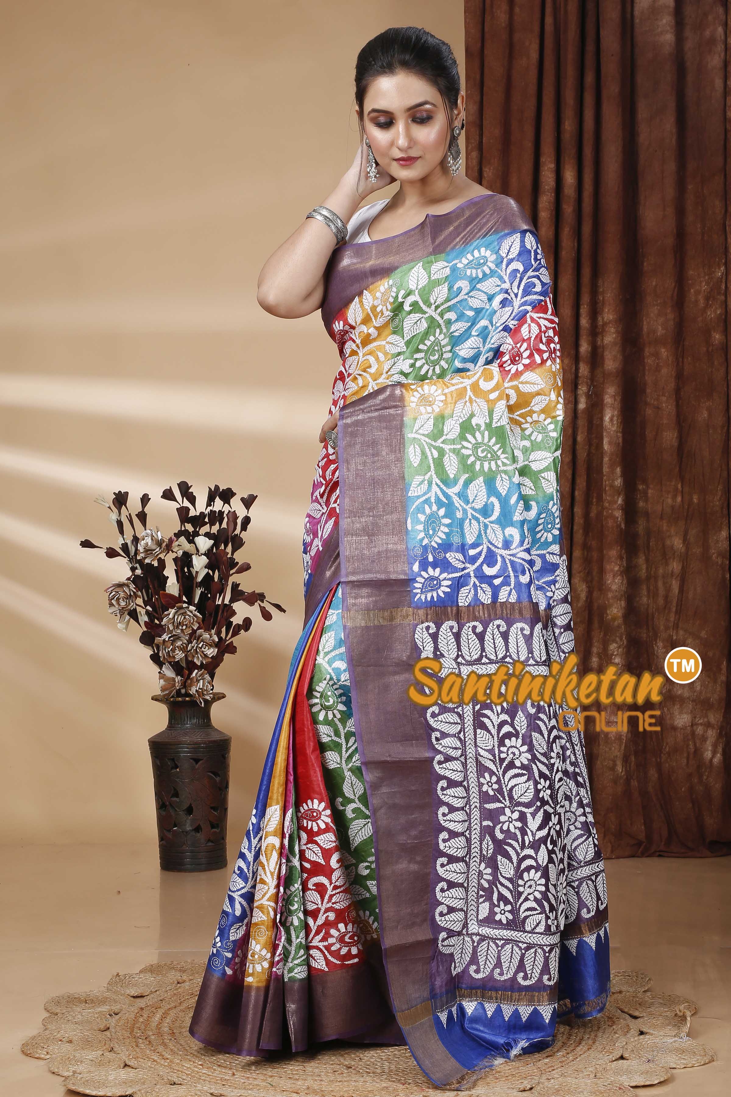 Zari Border Pure Tussar Silk Kantha Stitch Saree SN202415590