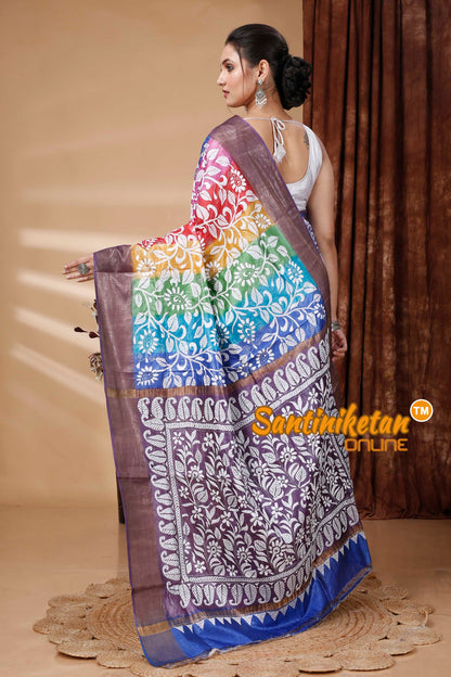 Zari Border Pure Tussar Silk Kantha Stitch Saree SN202415590