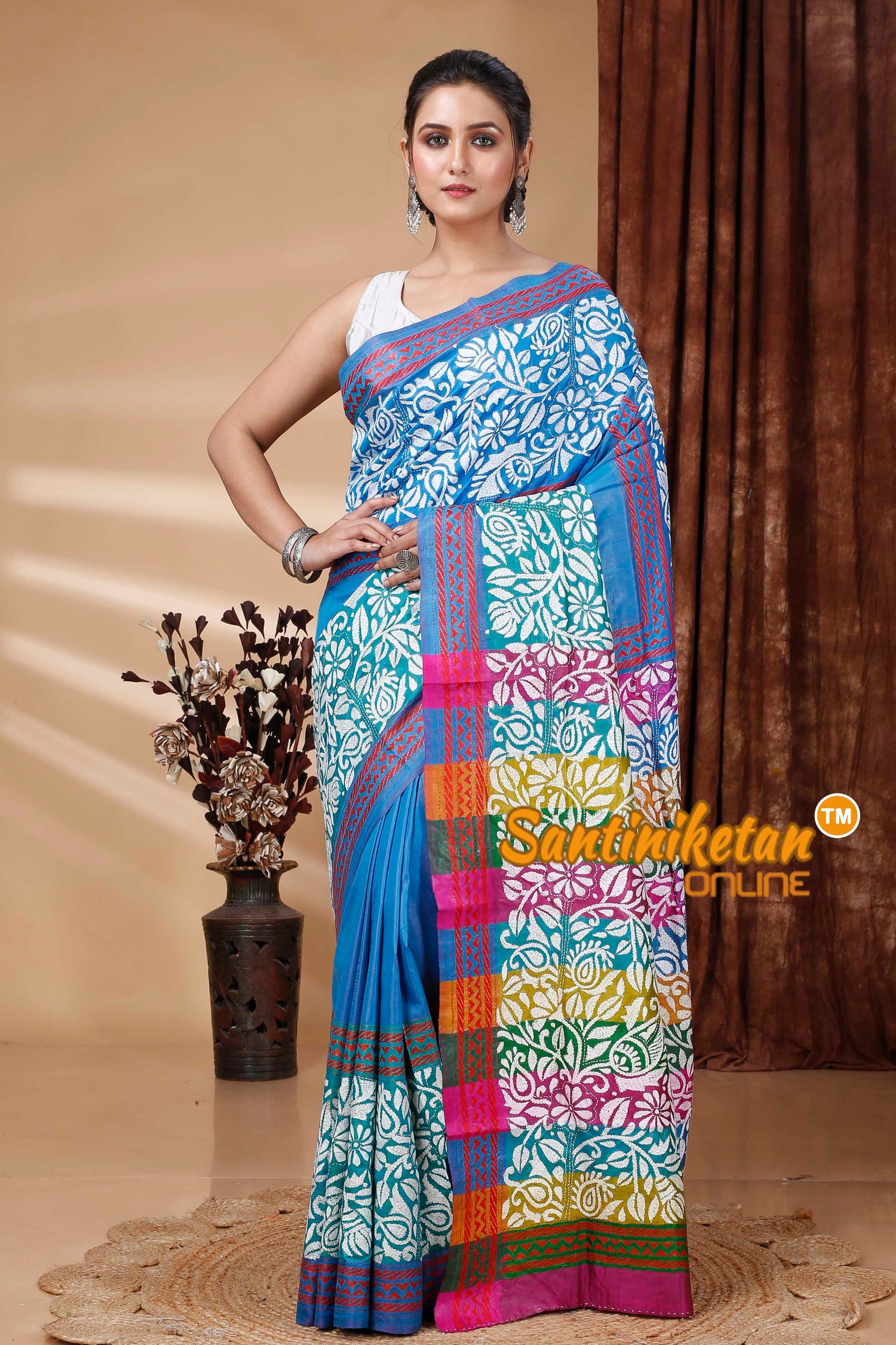 Bishnupuri (Katan) Silk Kantha Stitch Saree SN202415645