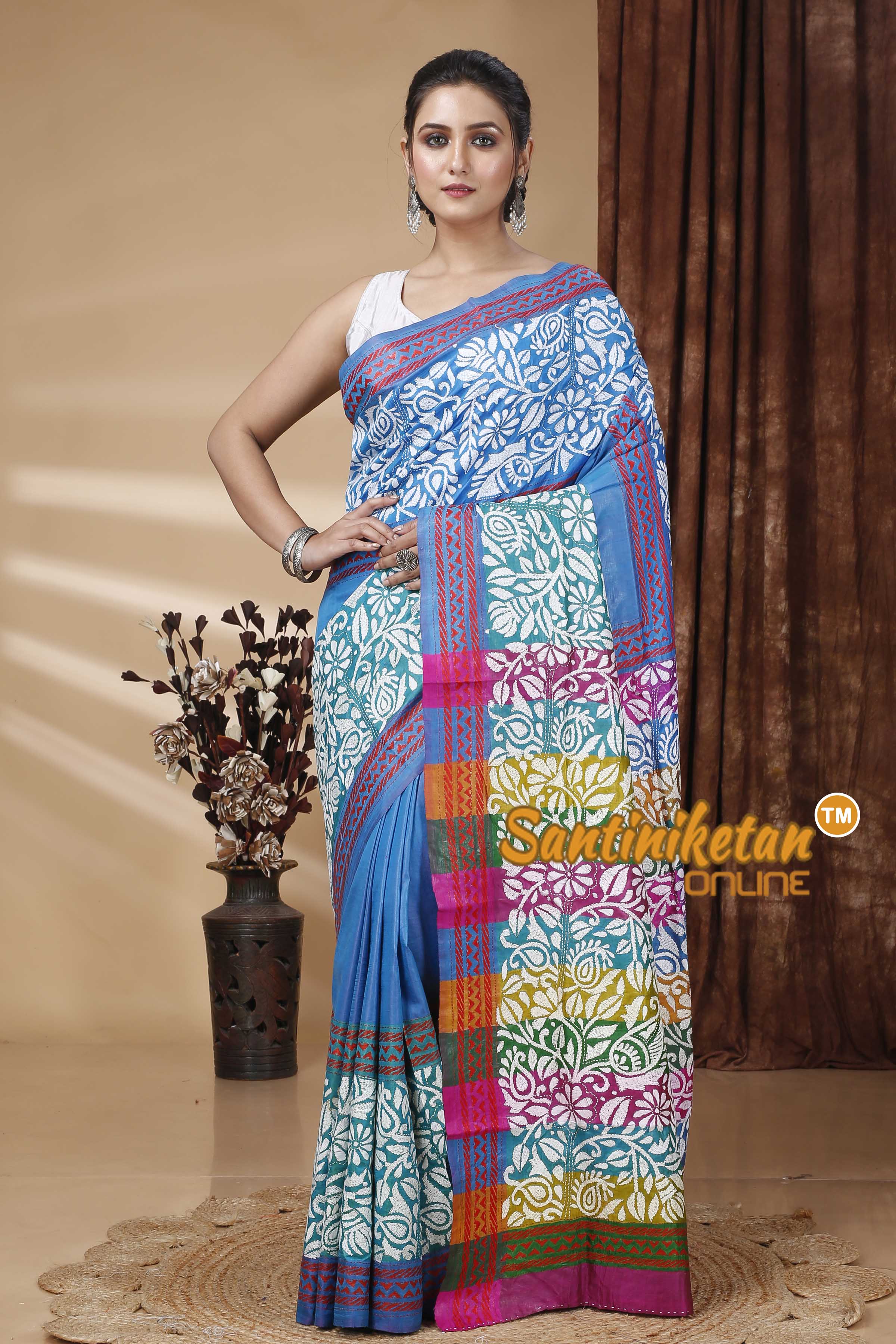 Bishnupuri (Katan) Silk Kantha Stitch Saree SN202415645