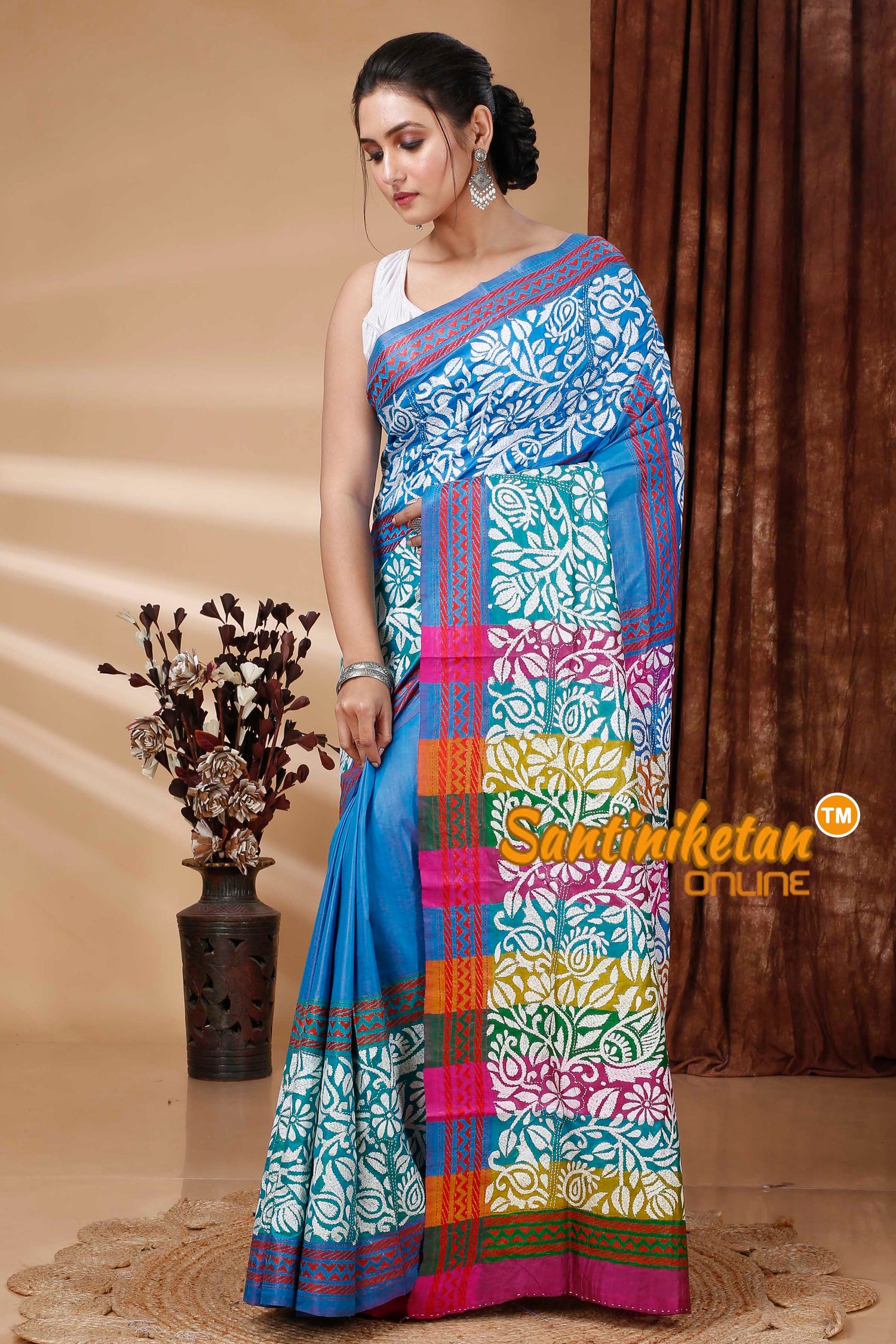Bishnupuri (Katan) Silk Kantha Stitch Saree SN202415645