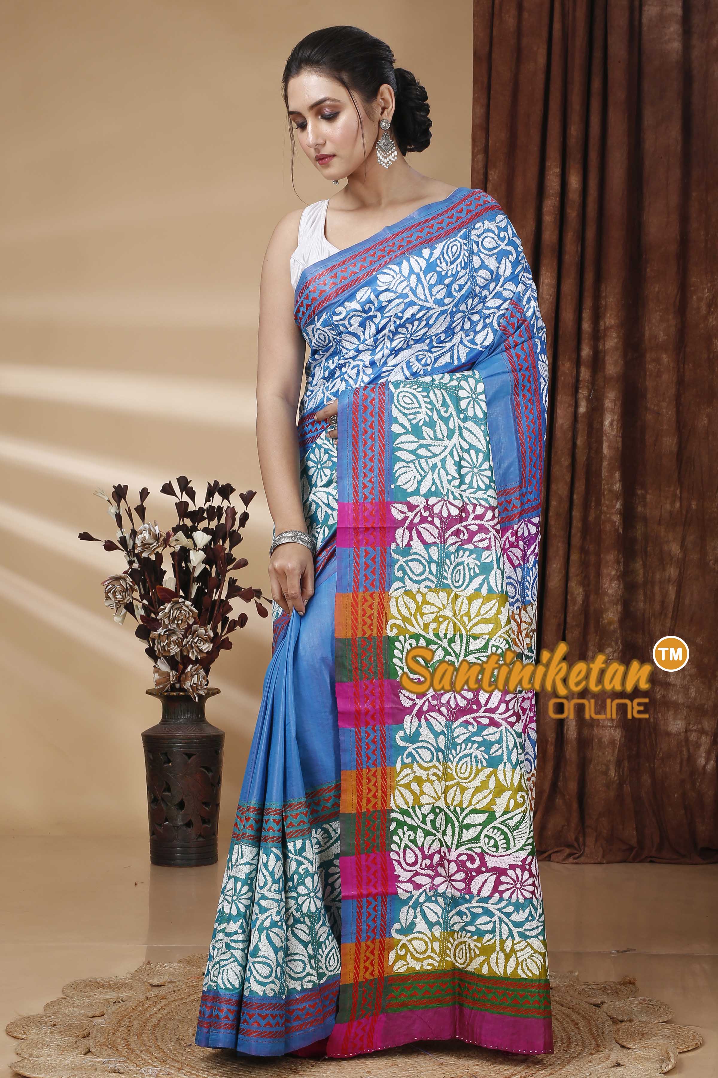 Bishnupuri (Katan) Silk Kantha Stitch Saree SN202415645
