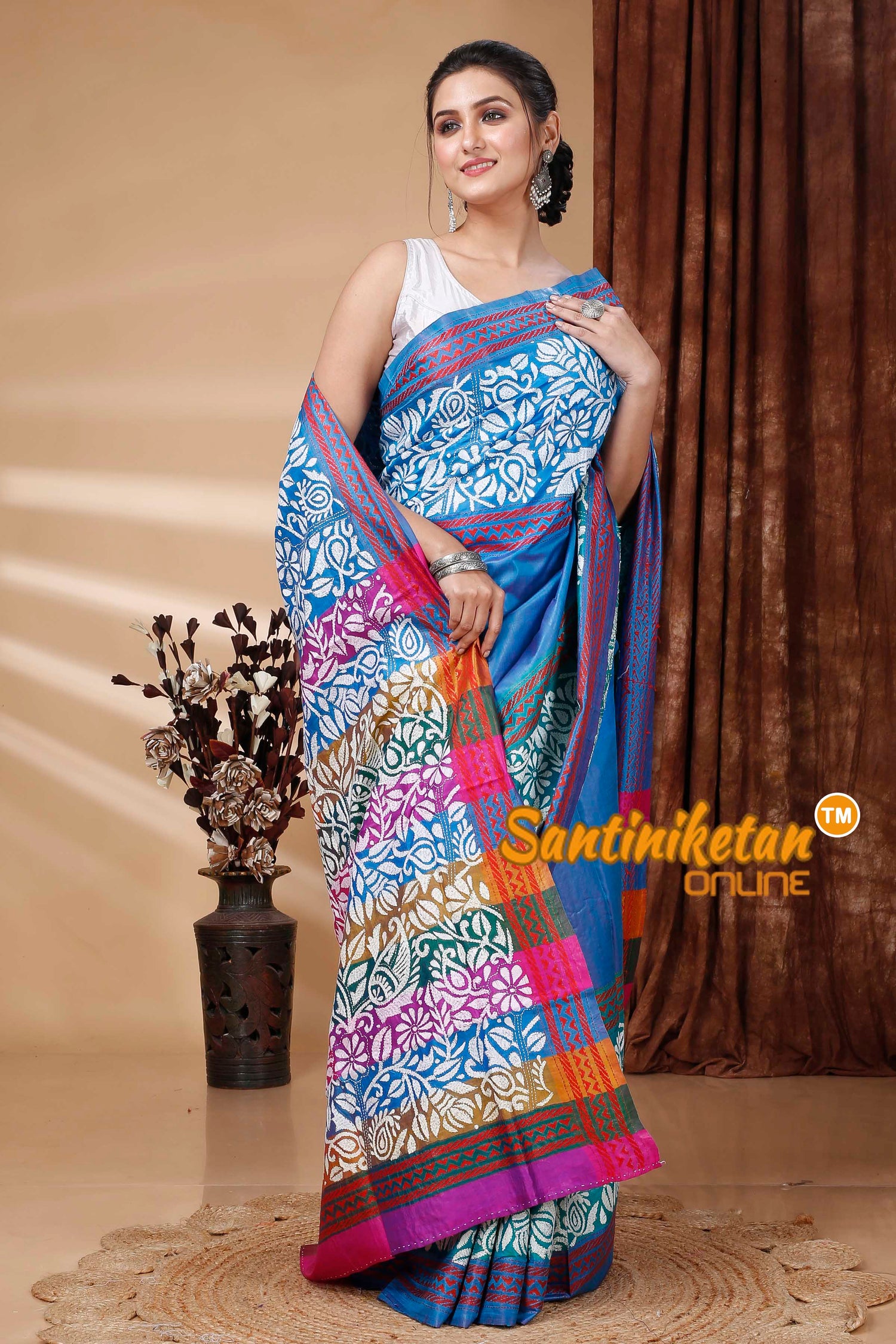 Bishnupuri (Katan) Silk Kantha Stitch Saree SN202415645