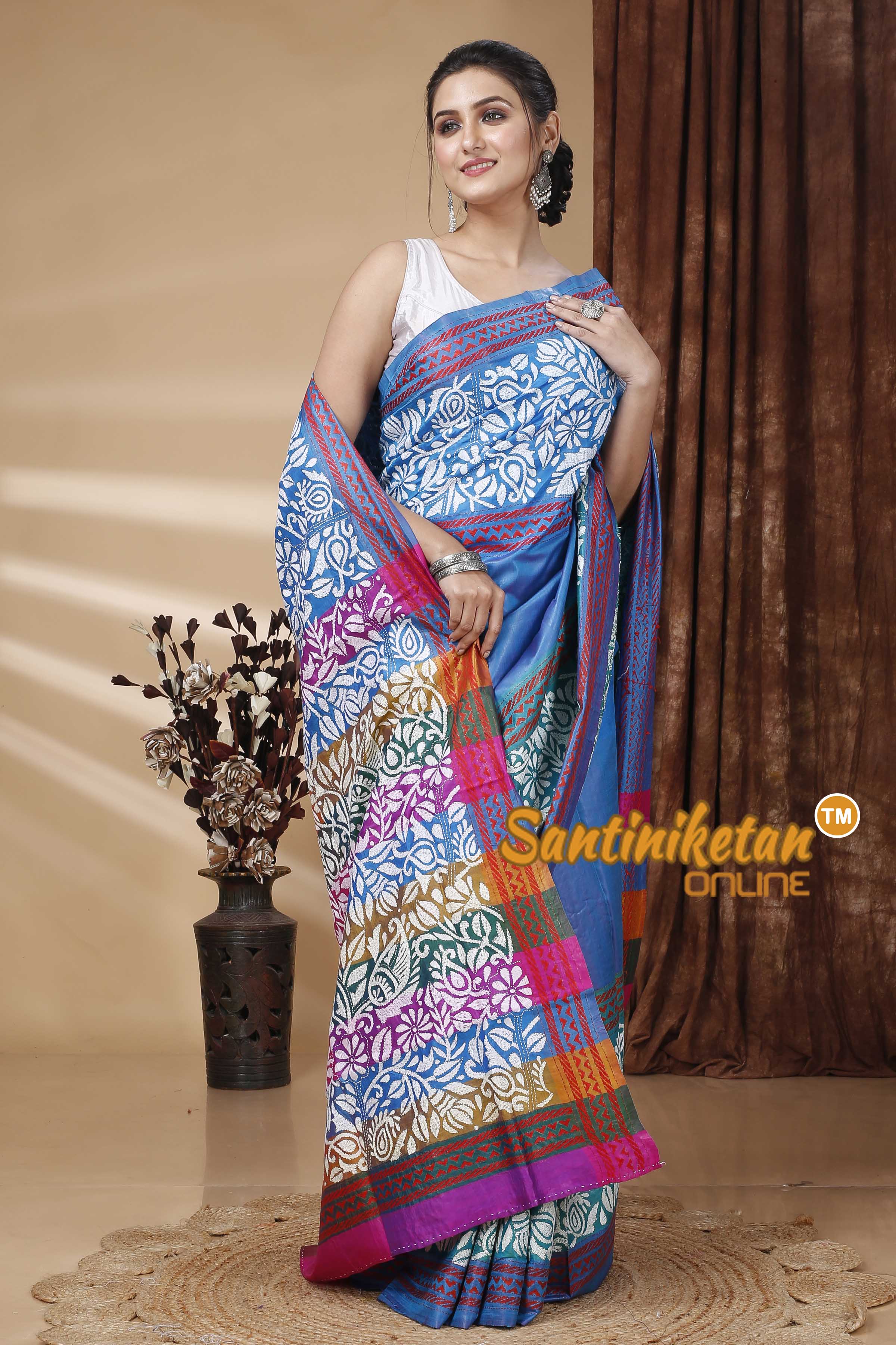 Bishnupuri (Katan) Silk Kantha Stitch Saree SN202415645