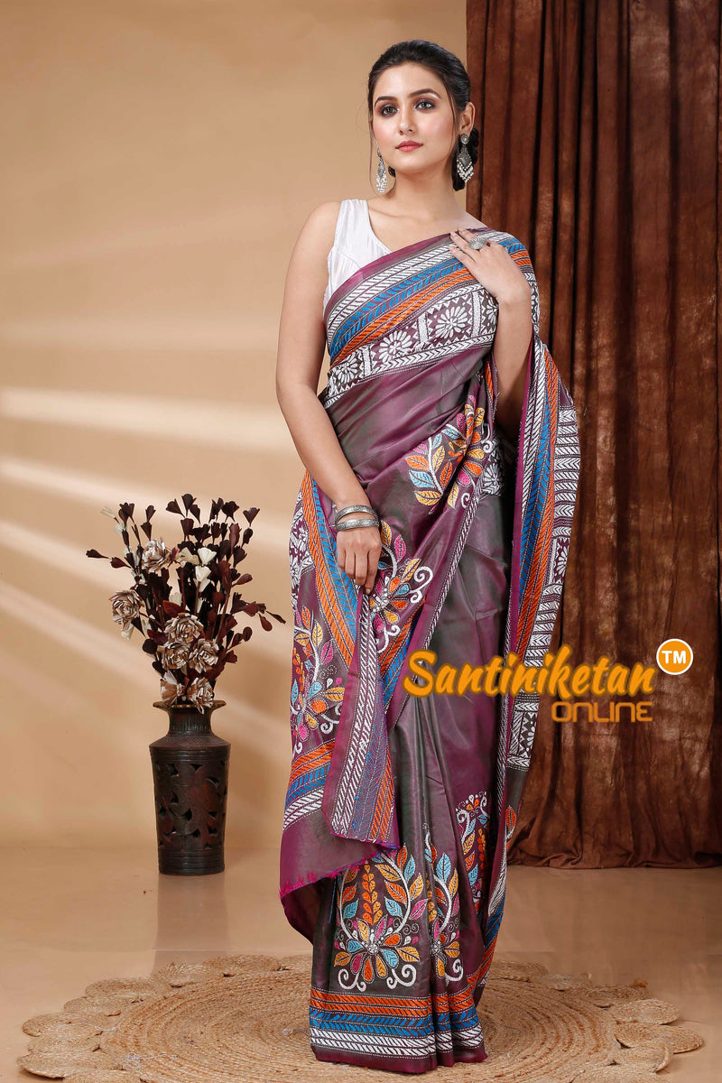 Bishnupuri (Katan) Silk Kantha Stitch Saree SN202415650