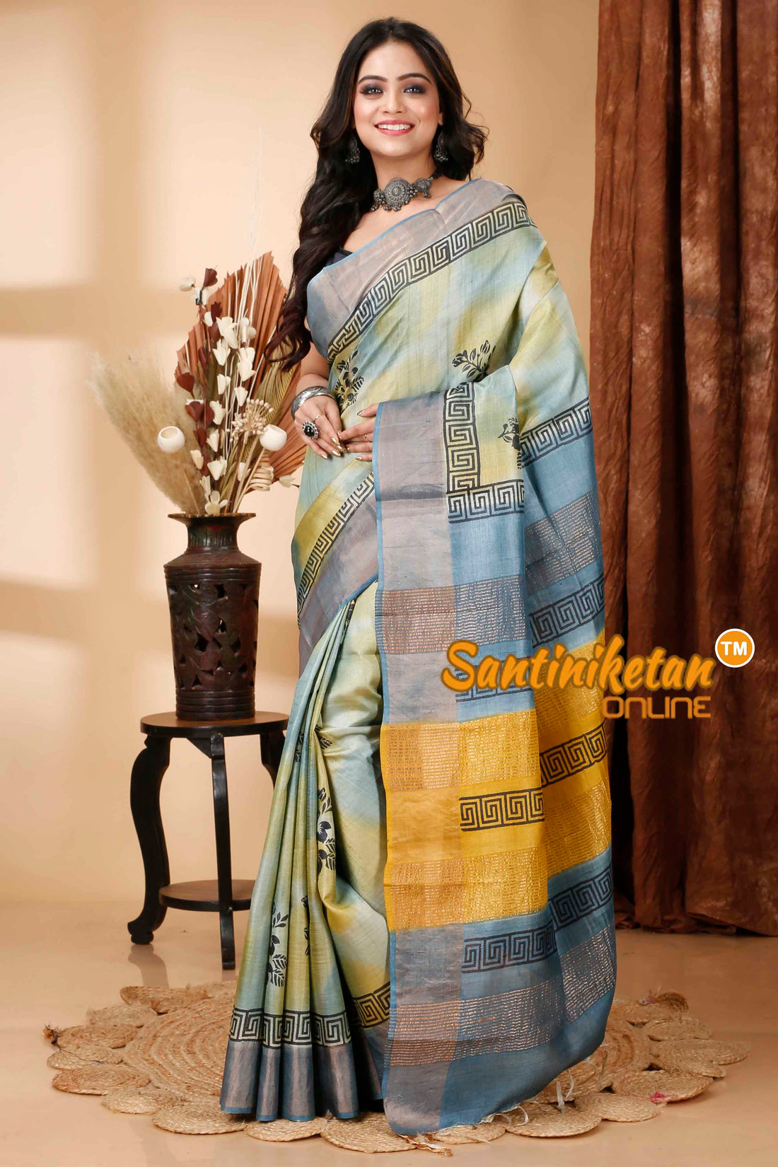 Pure Zari Tussar Hand Block Painted Saree SNN202415746