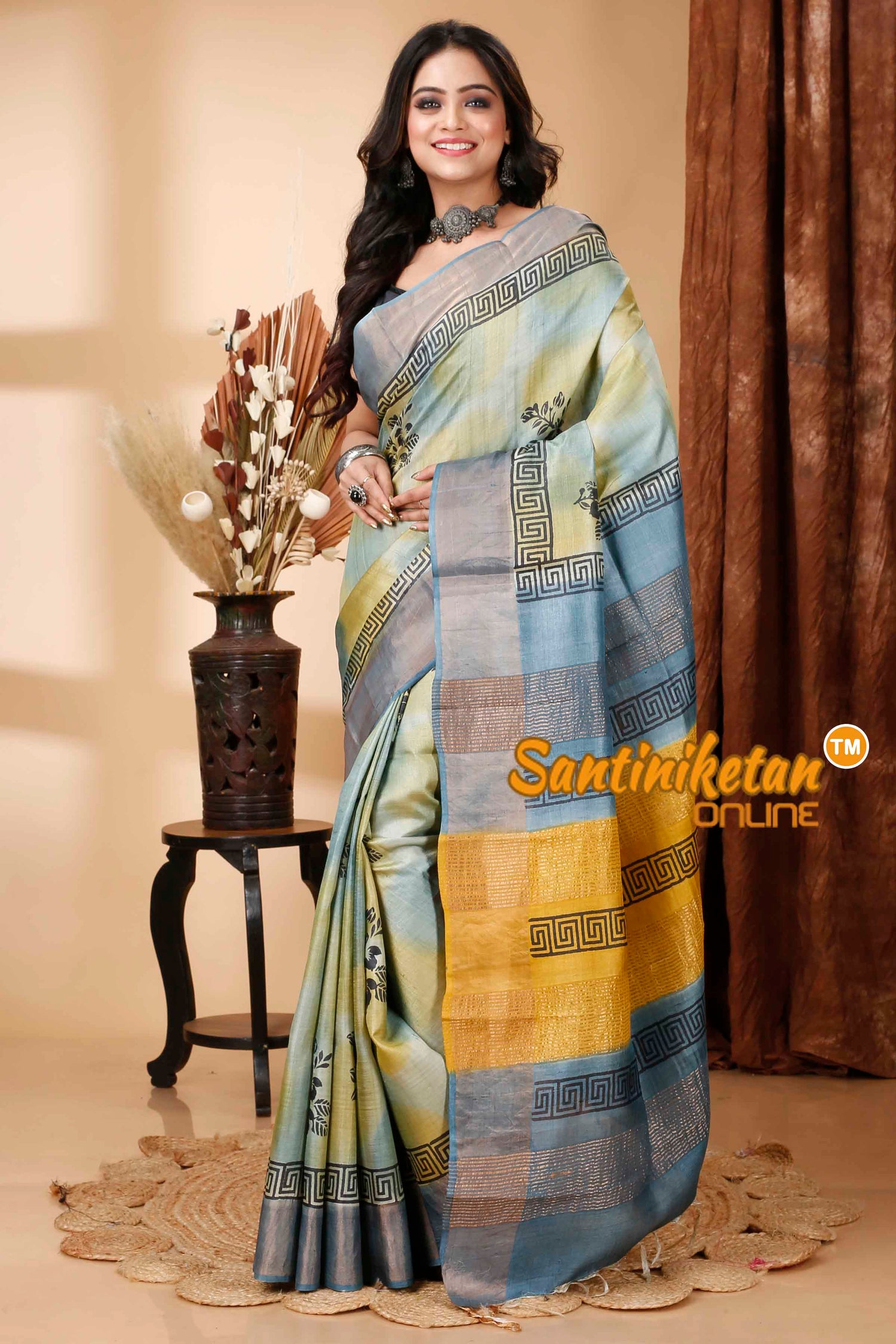 Pure Zari Tussar Hand Block Painted Saree SNN202415746